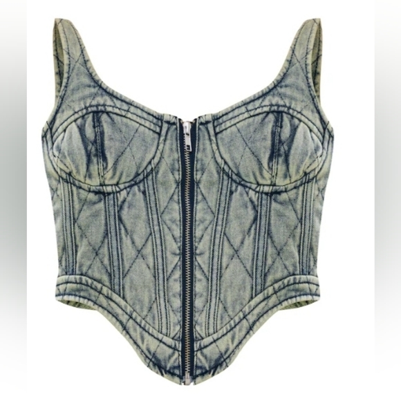 PrettyLittleThing Tops - PrettyLittleThing Gray Quilted Denim Corset Crop Top with Front Zip